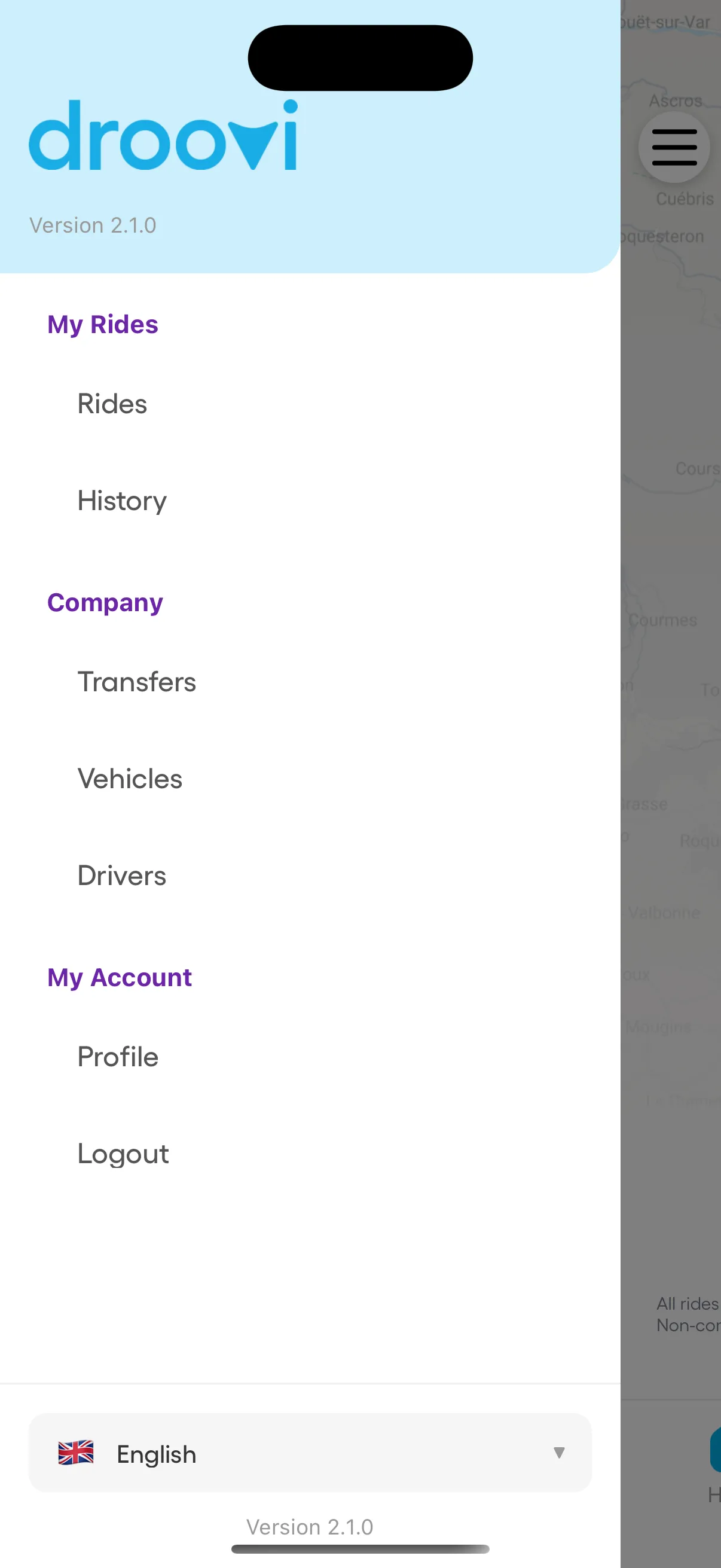 Droovi Driver — role-aware drawer menu