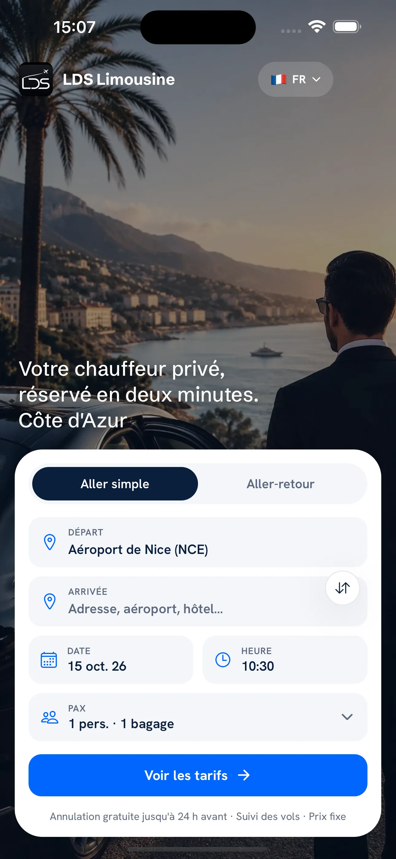 Home screen of the LDS Limousine passenger app: booking a ride from Nice airport
