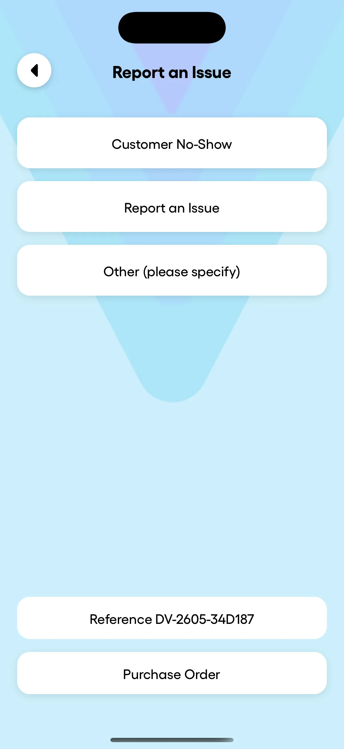 Report an issue screen