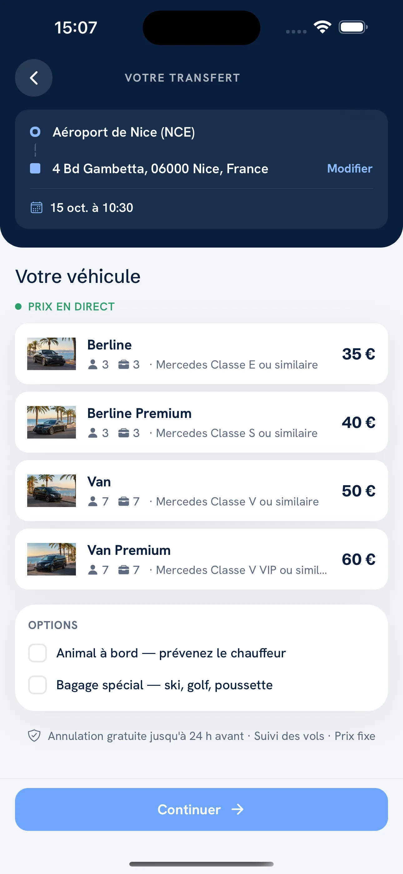 Vehicle choice: sedan, premium sedan, van and premium van with their prices