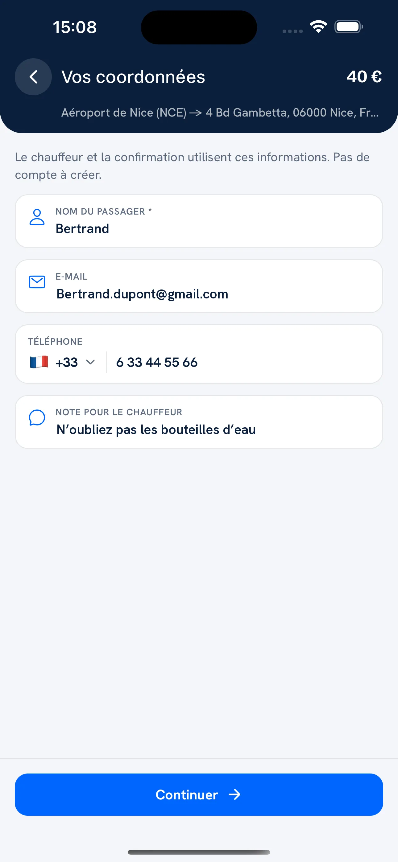 Passenger details form with no account creation