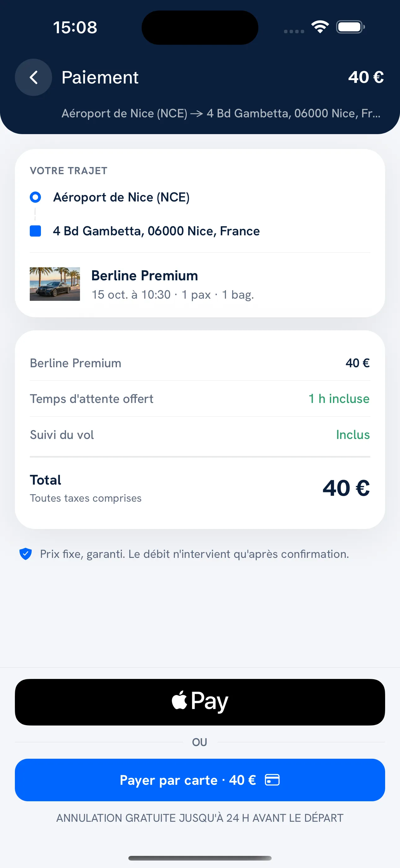 Payment screen with trip summary, Apple Pay and card payment