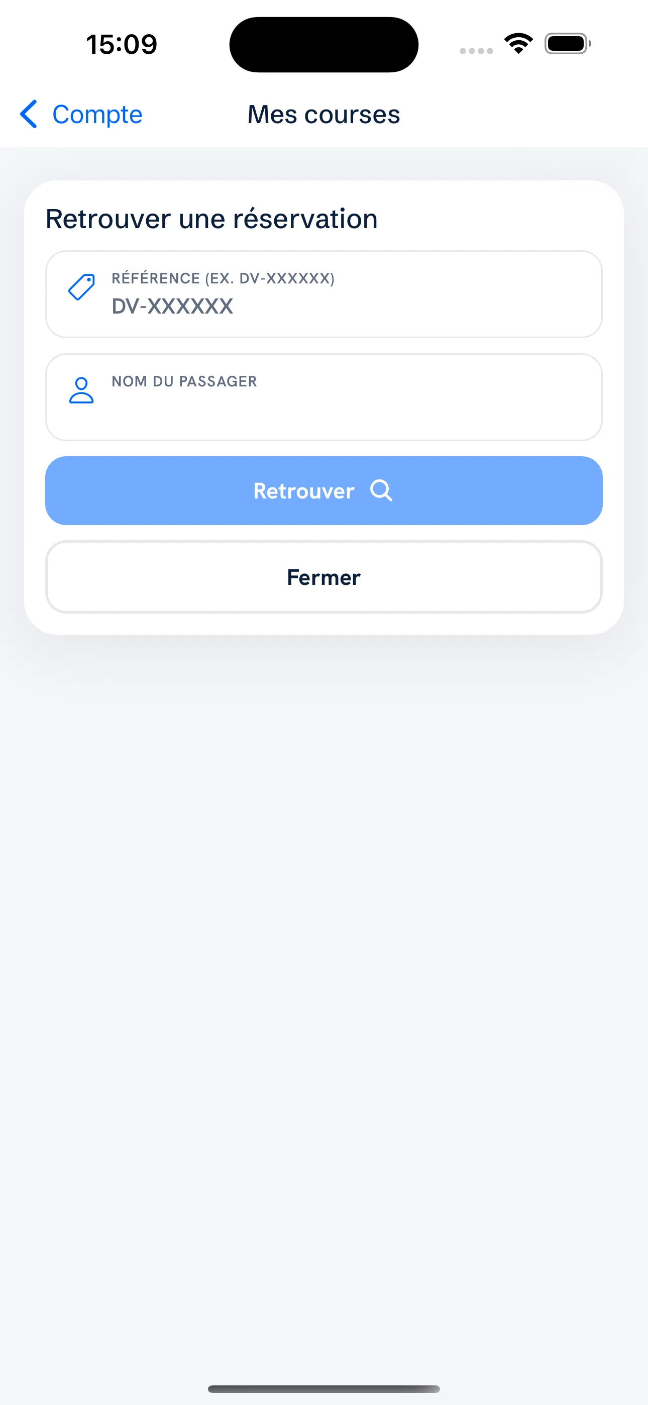 My rides screen: find a booking with its reference and passenger name