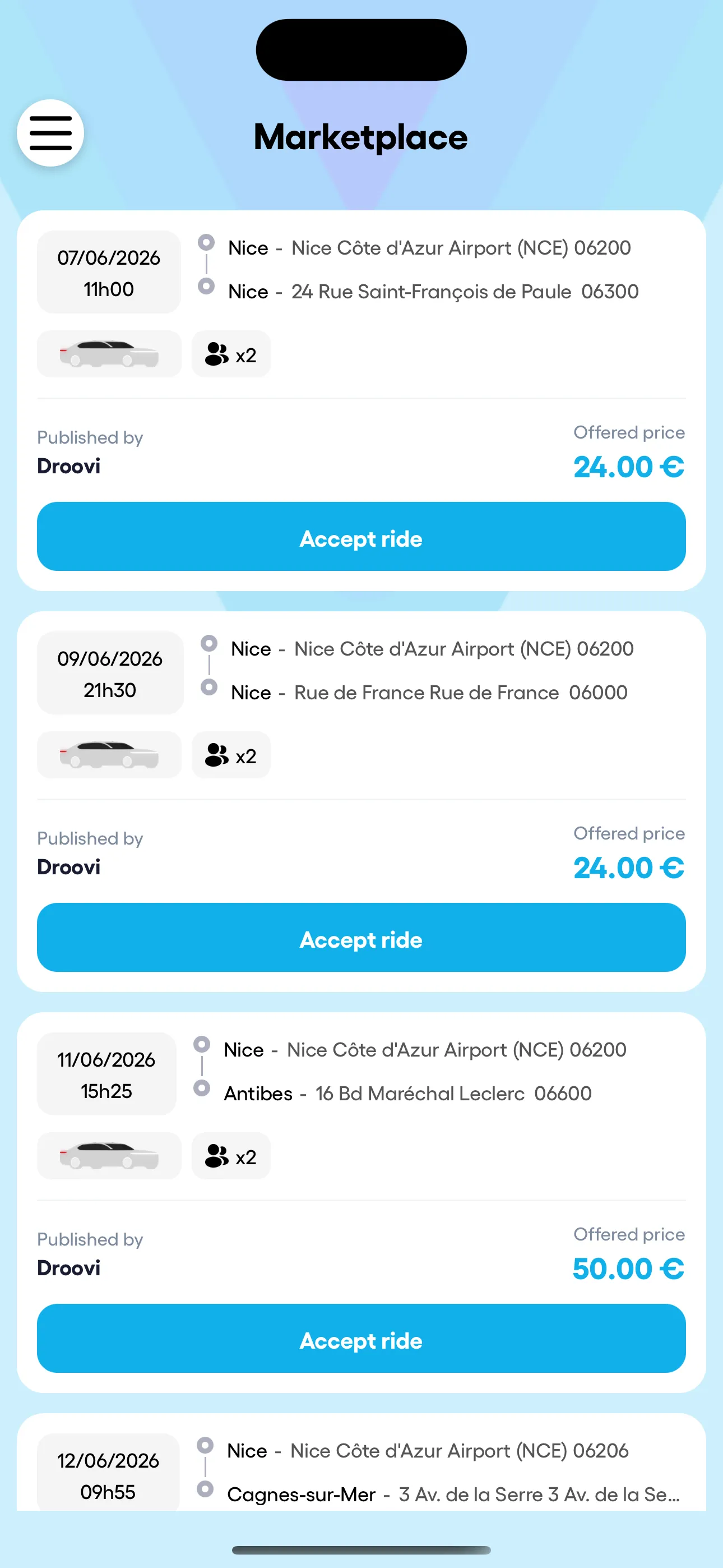 Application mobile Droovi — marketplace sur mobile : courses disponibles avec prix offert et bouton Accepter la course