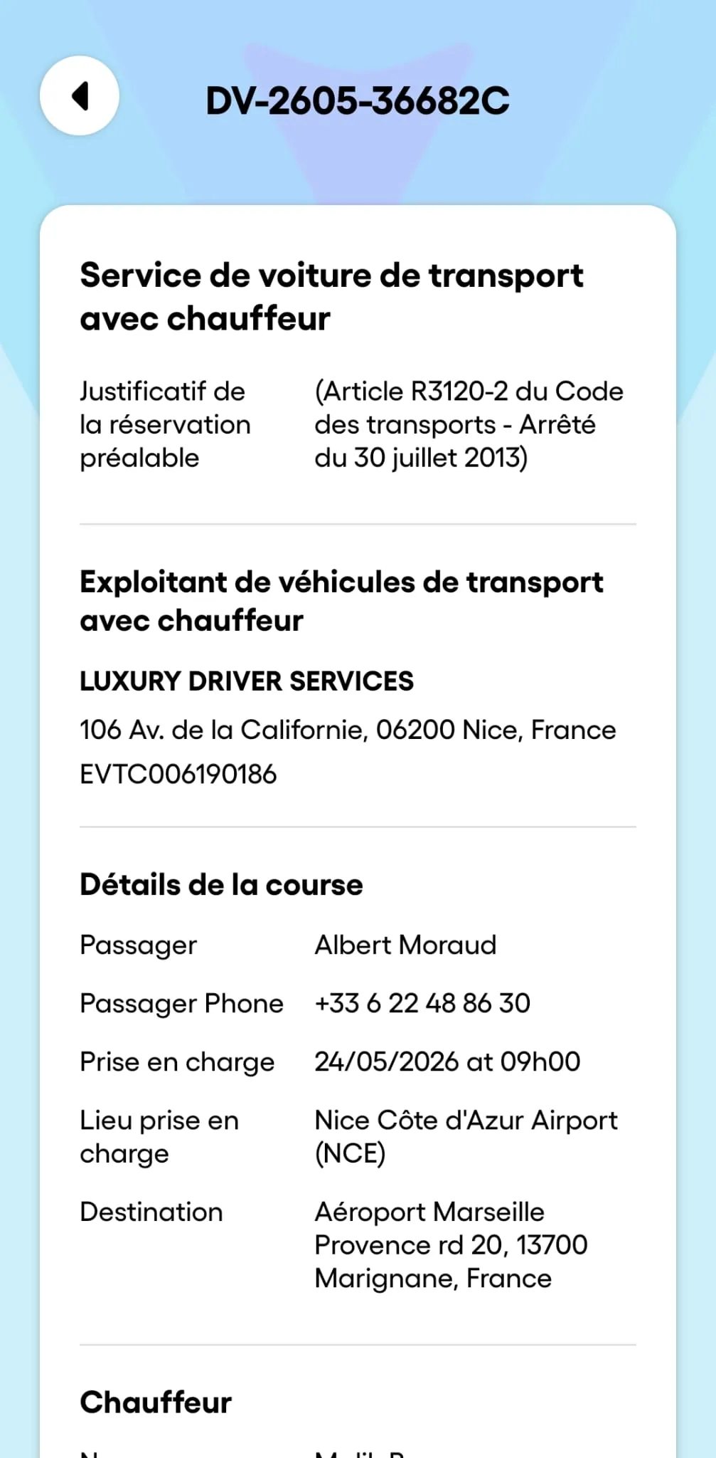Bon de commande VTC généré automatiquement dans l'application mobile Droovi : justificatif de réservation préalable, exploitant et détails de la course