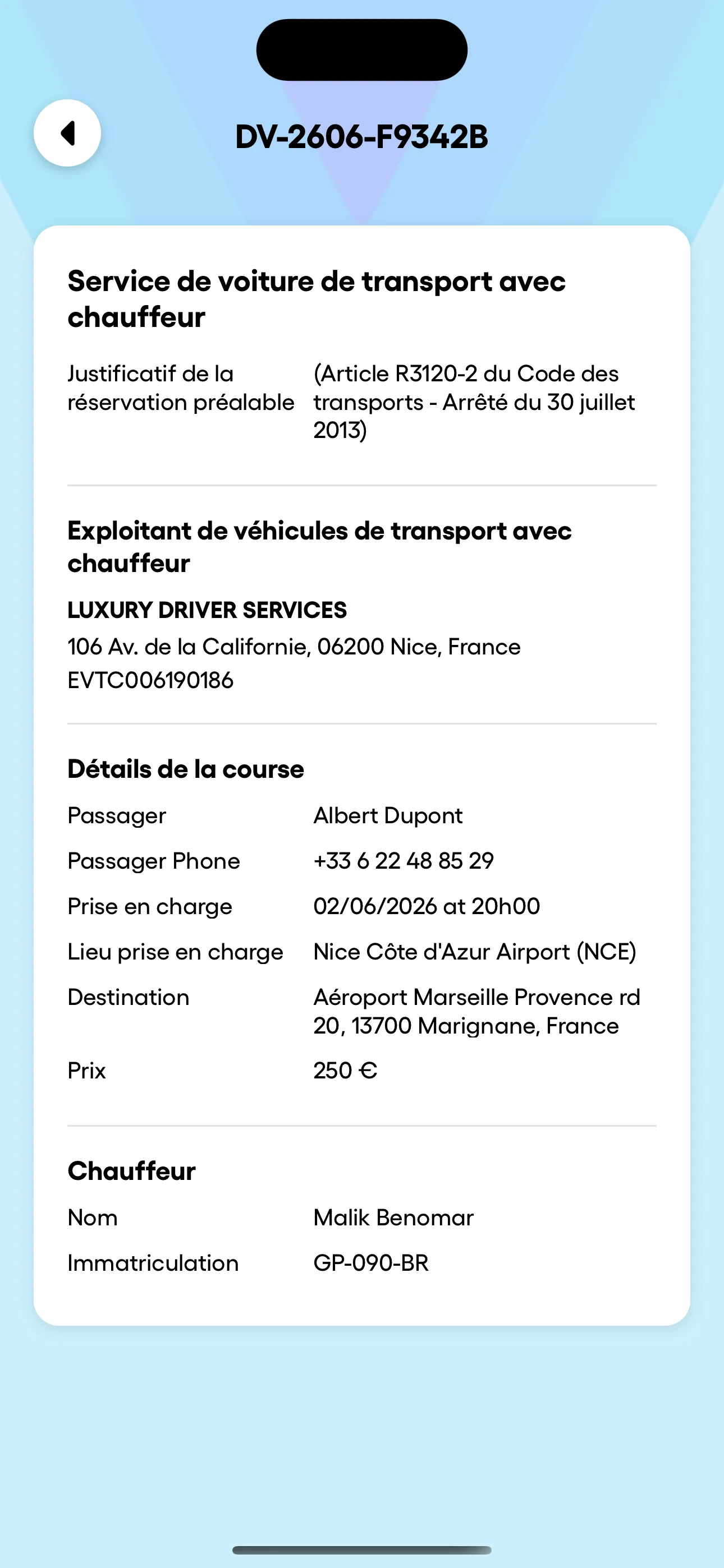 Bon de commande VTC généré automatiquement dans l'application Droovi : justificatif de réservation préalable, exploitant, détails de la course et chauffeur