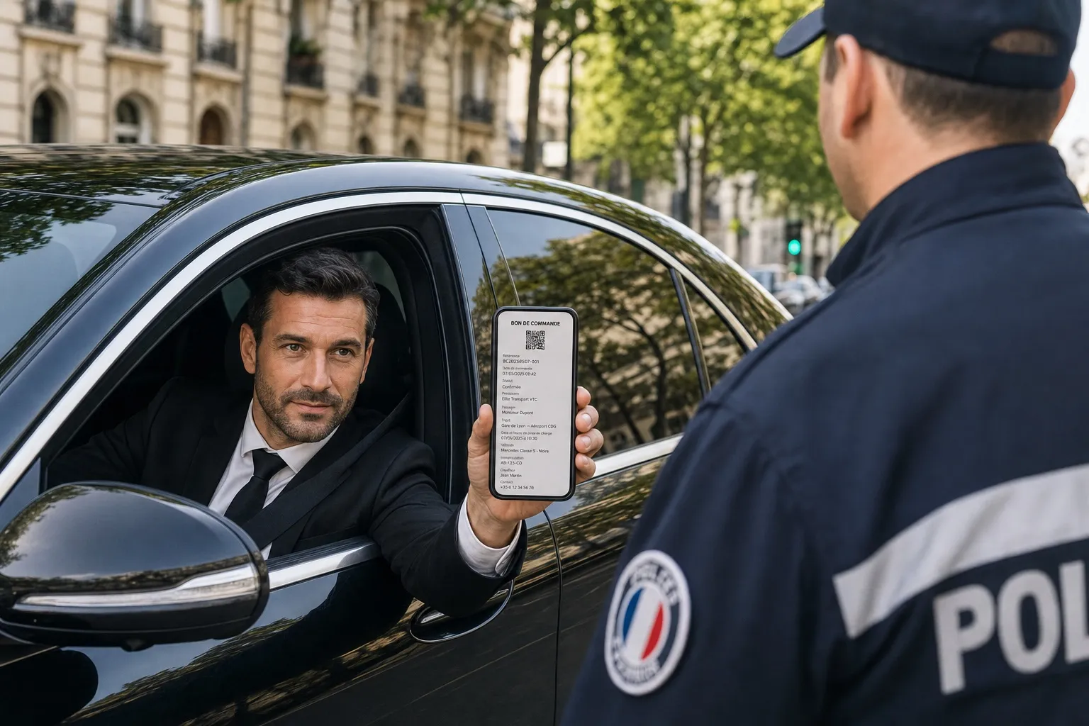 Chauffeur VTC présentant son bon de commande dématérialisé sur smartphone lors d'un contrôle