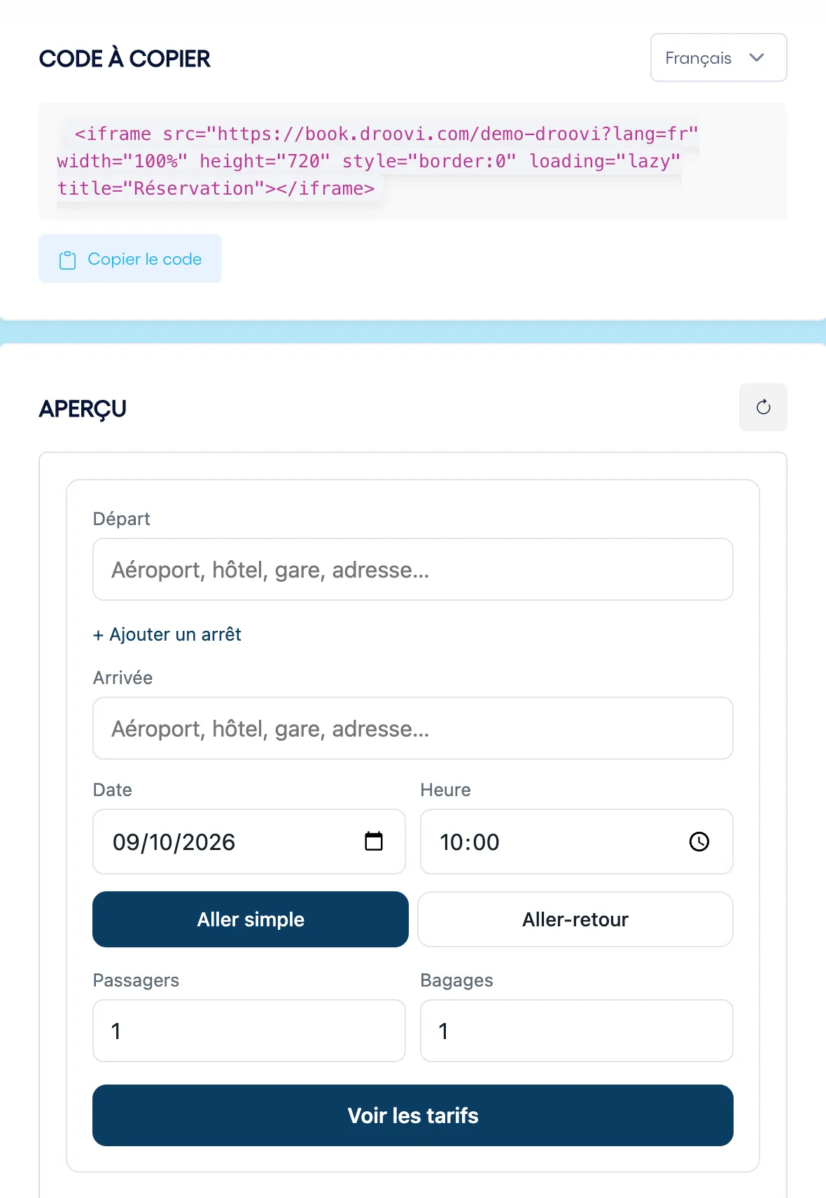 Bloc Code à copier avec l'iframe book.droovi.com et aperçu du formulaire de réservation dans le CRM Droovi