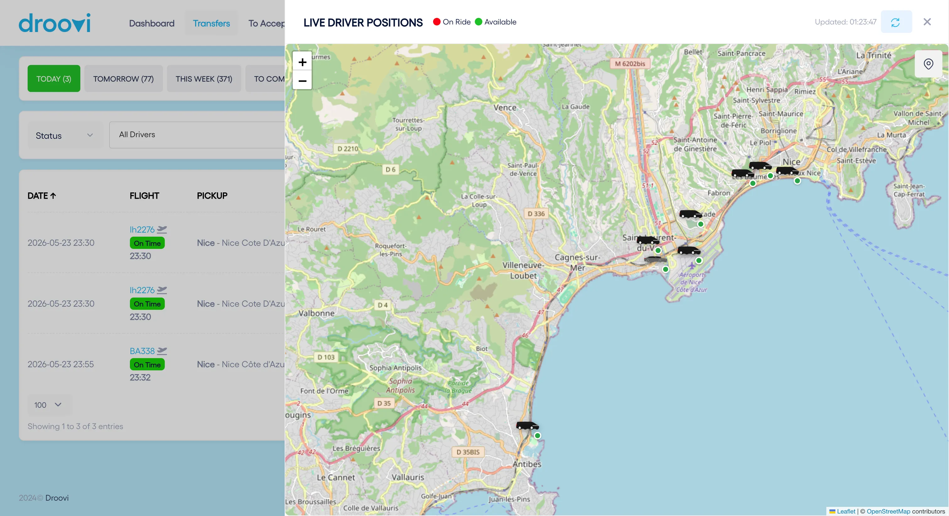 Carte en direct du logiciel de gestion de flotte VTC Droovi : position des chauffeurs, courses en cours et alertes de retard