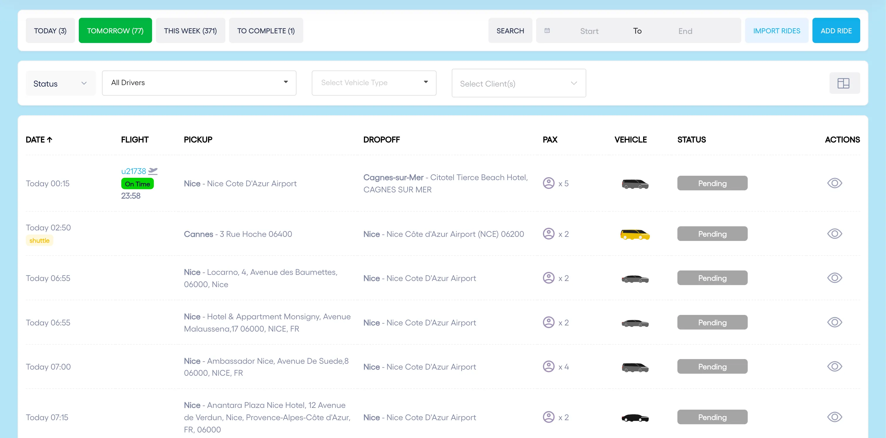 Droovi interface — today's ride list with statuses and flight tracking