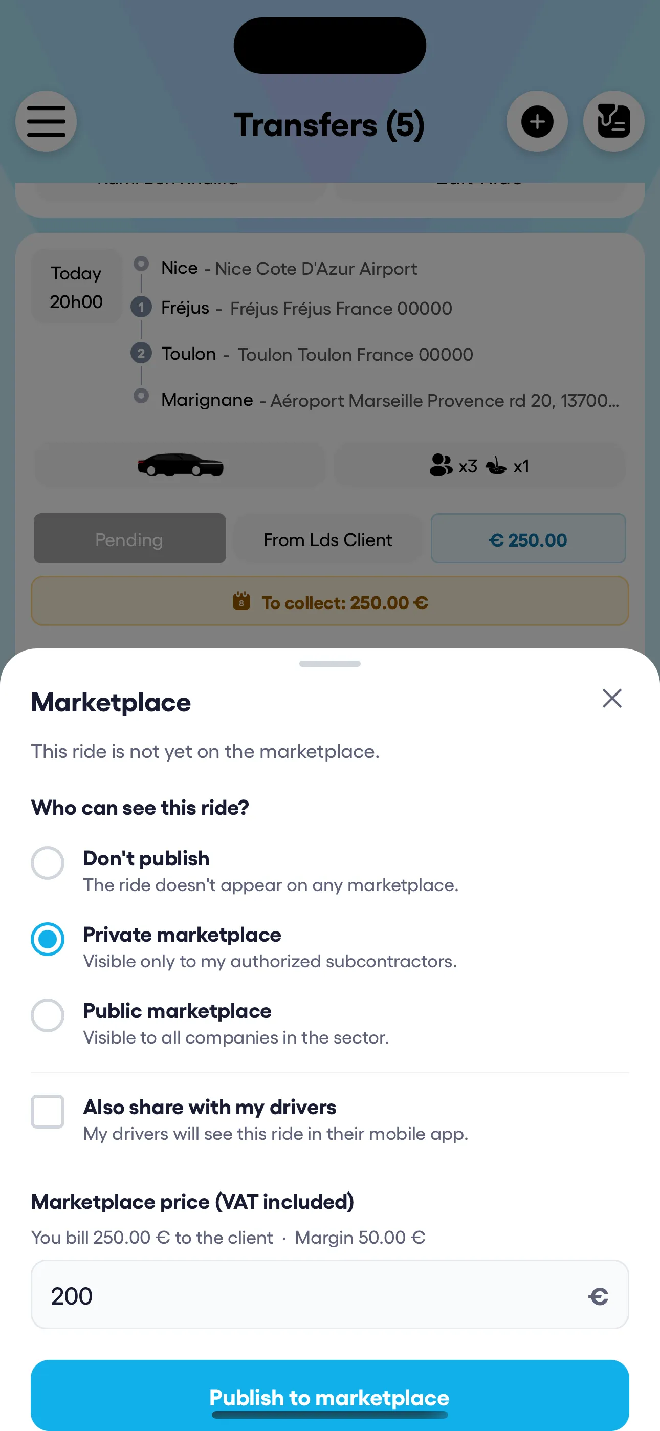 Application mobile Droovi — publication d'une course sur la marketplace depuis le téléphone : audience, prix et marge