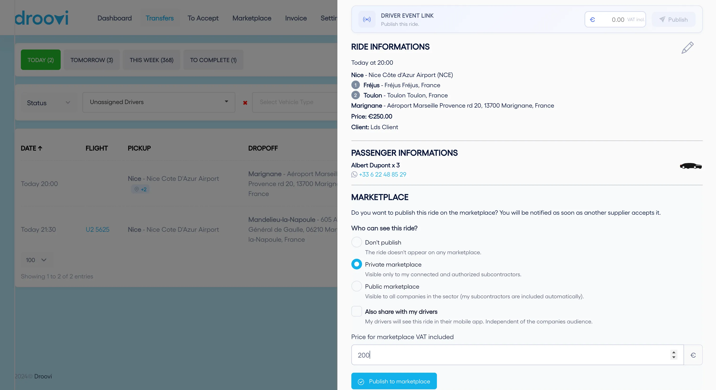 Dashboard Droovi — publication d'une course sur la marketplace : choix de l'audience (réseau privé ou secteur), prix reversé et marge calculée