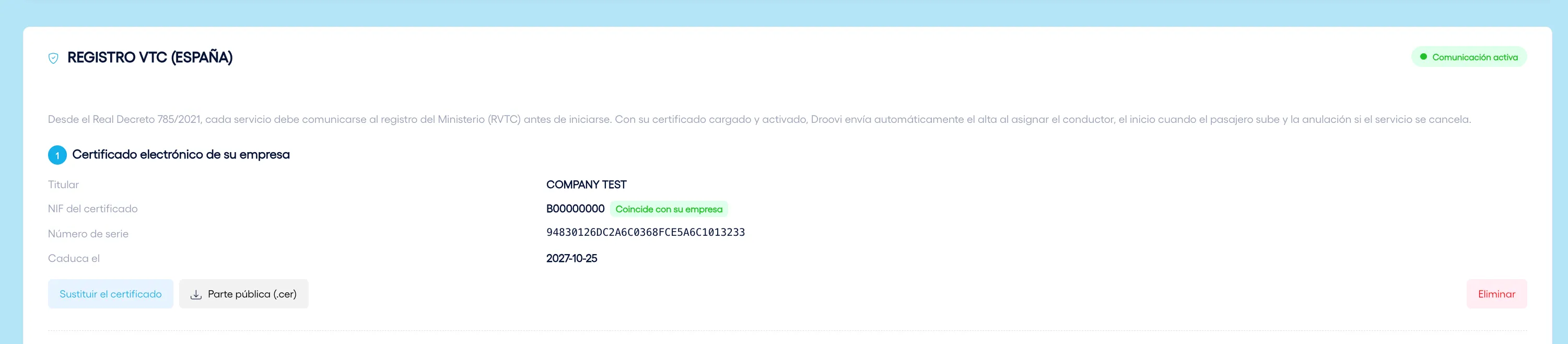 Pantalla « Registro VTC (España) » de Droovi con el certificado electrónico de la empresa y la comunicación activa