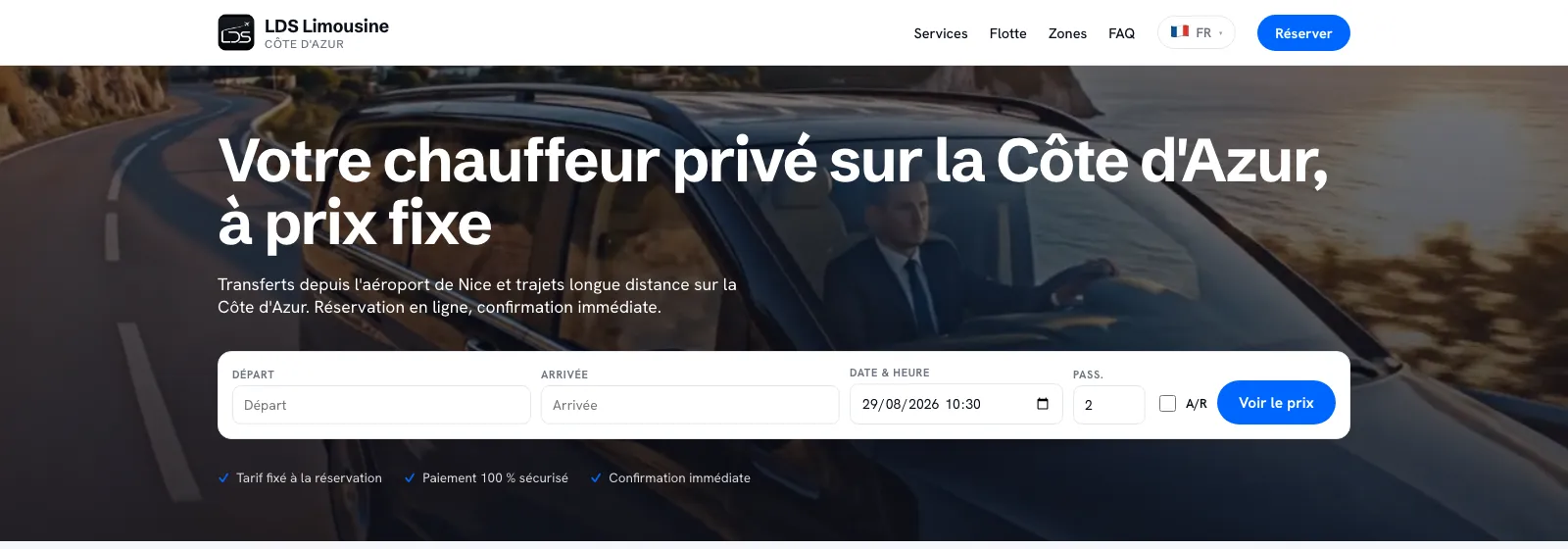 Site internet VTC créé avec Droovi : page d'accueil avec module de réservation en ligne et prix fixe
