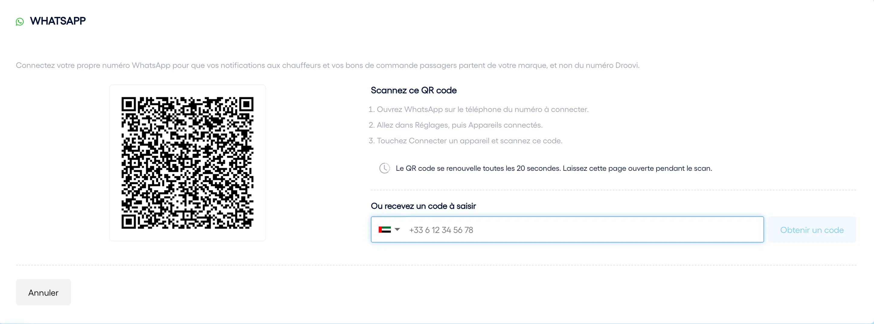 Connexion du numéro WhatsApp de la société dans Droovi par QR code ou code à saisir