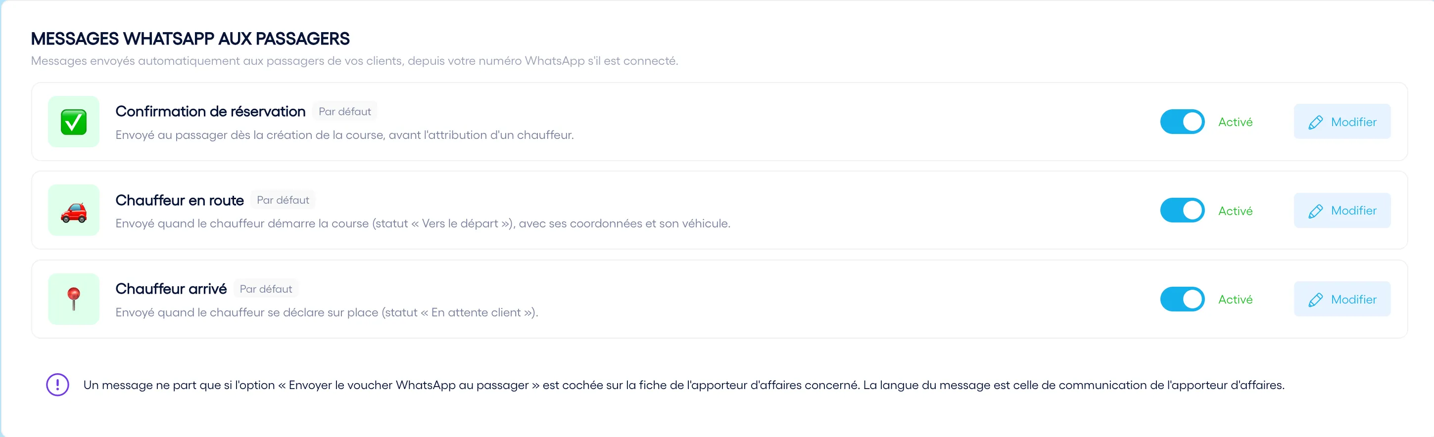 Messages WhatsApp automatiques aux passagers dans Droovi : confirmation de réservation, chauffeur en route, chauffeur arrivé