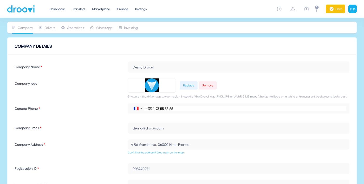 The Company tab: name, logo, phone, email and address.