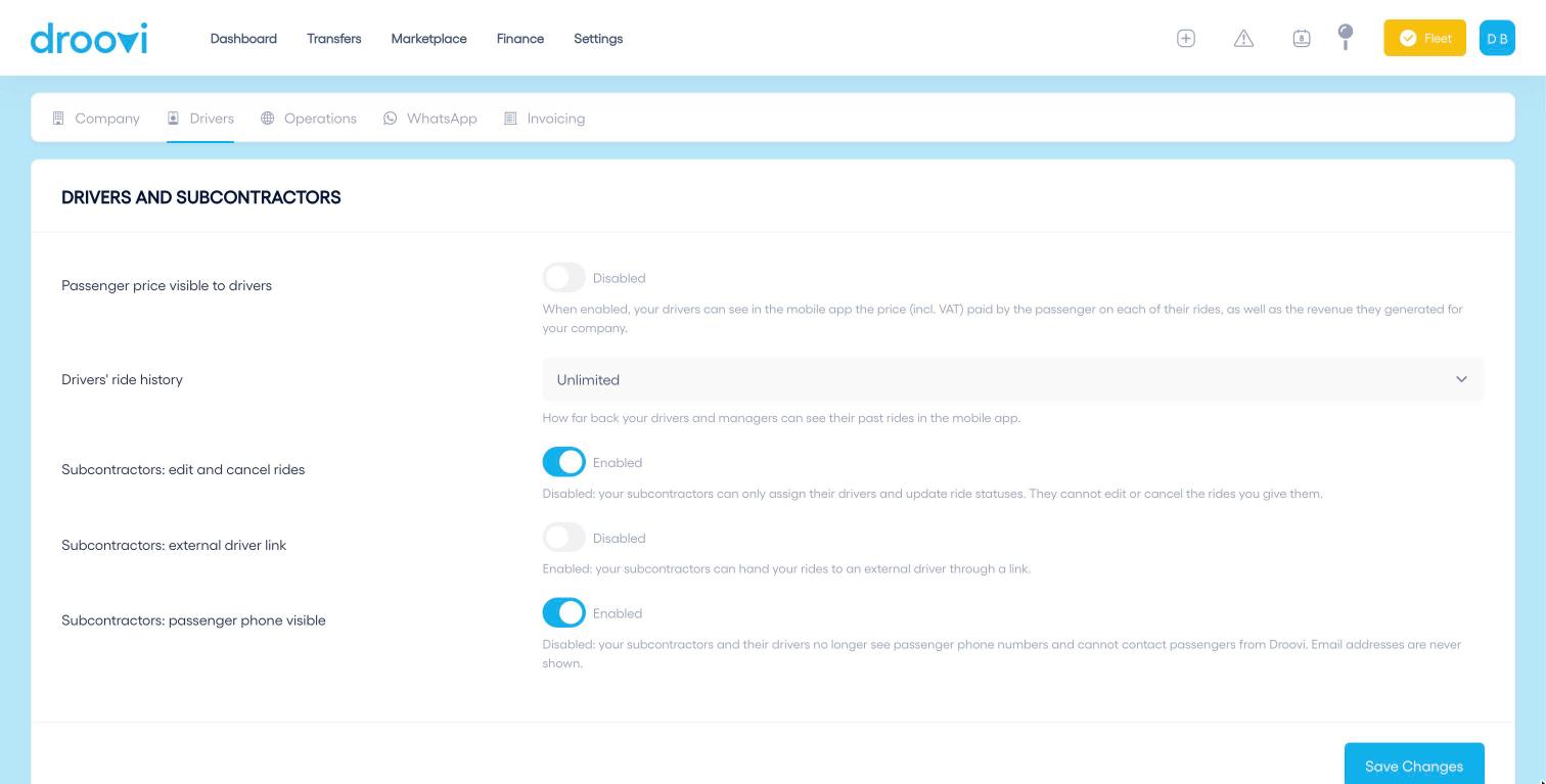 The Drivers tab: visible price, ride history and subcontractor rights.