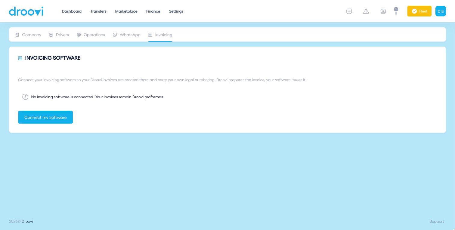 The Invoicing tab before a software is connected.
