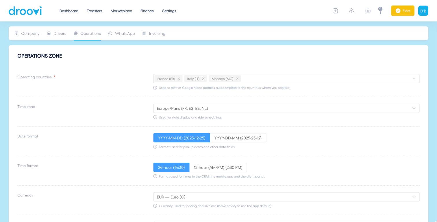 The Operations tab: countries, time zone, date and time format, currency.