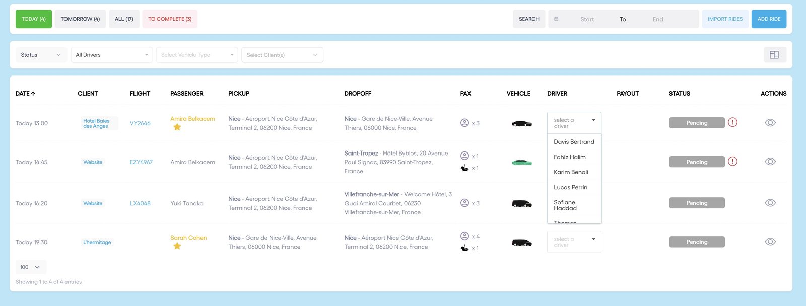 The transfers list: the Driver column opens the list of your drivers.
