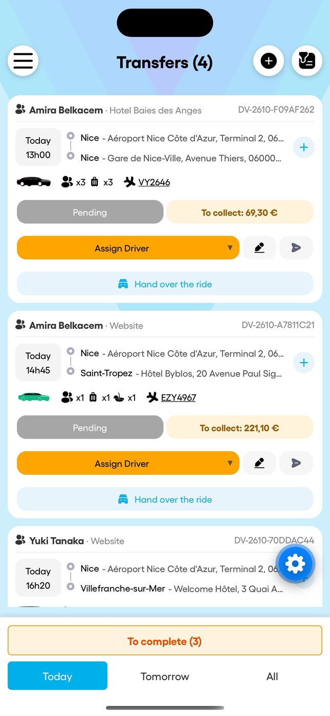 In the app: today's transfers and the driver picker.