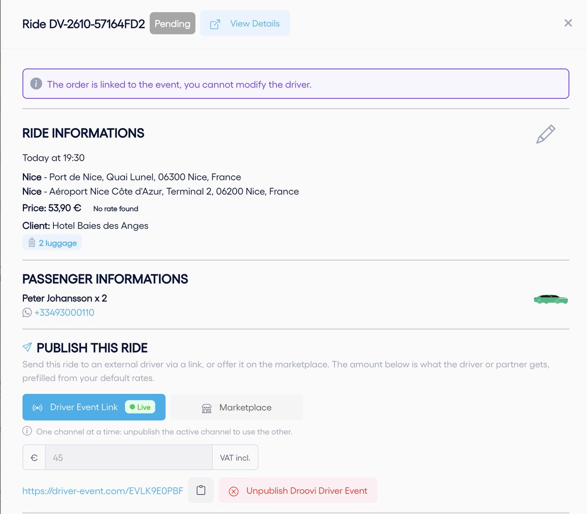 The link is live: copy it and send it to the driver.