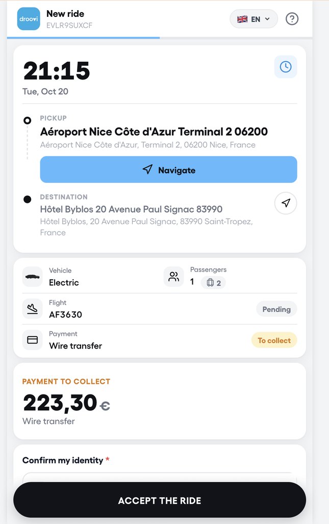 In the app: "Hand over the ride", then "Driver link". The page the driver sees, in 4 languages.