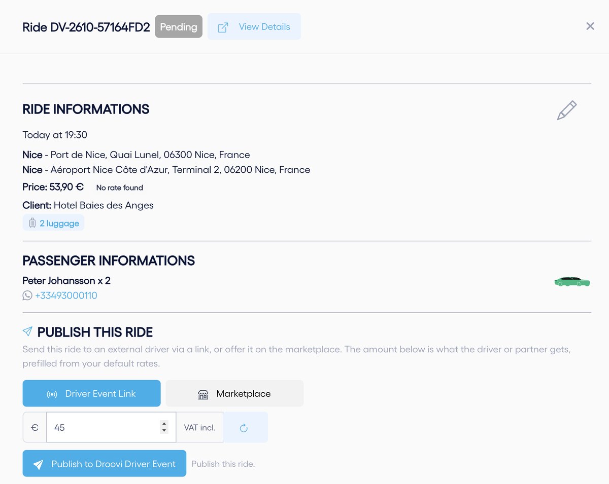 "Driver Event Link" tab: the price, VAT included, paid to the driver, prefilled from your rates.