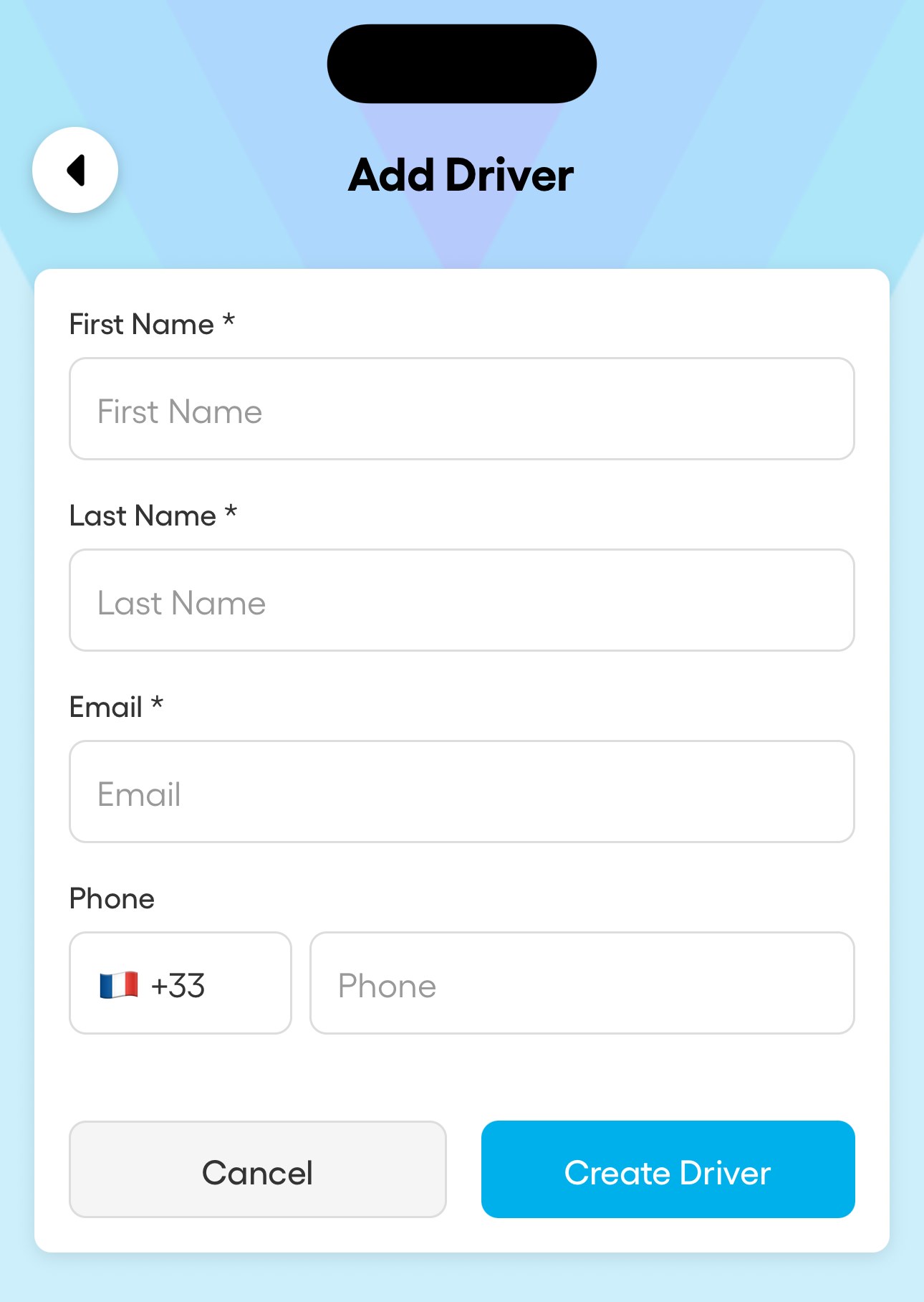 In the app: the driver list and the add form.