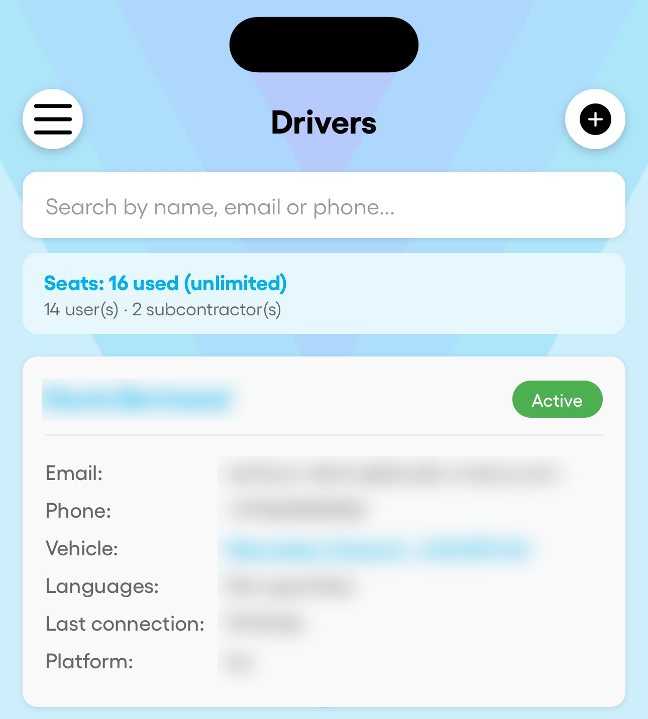 In the app: the driver list and the add form.