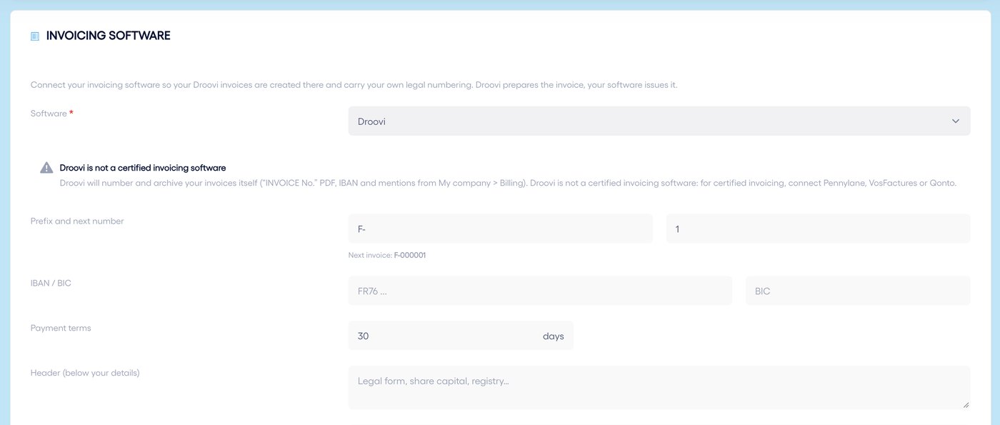 "Droovi" option: prefix, numbering, IBAN, payment terms and legal mentions.