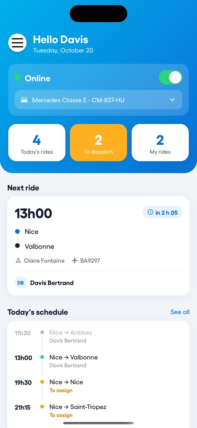 The home screen: online status, today's vehicle and schedule.