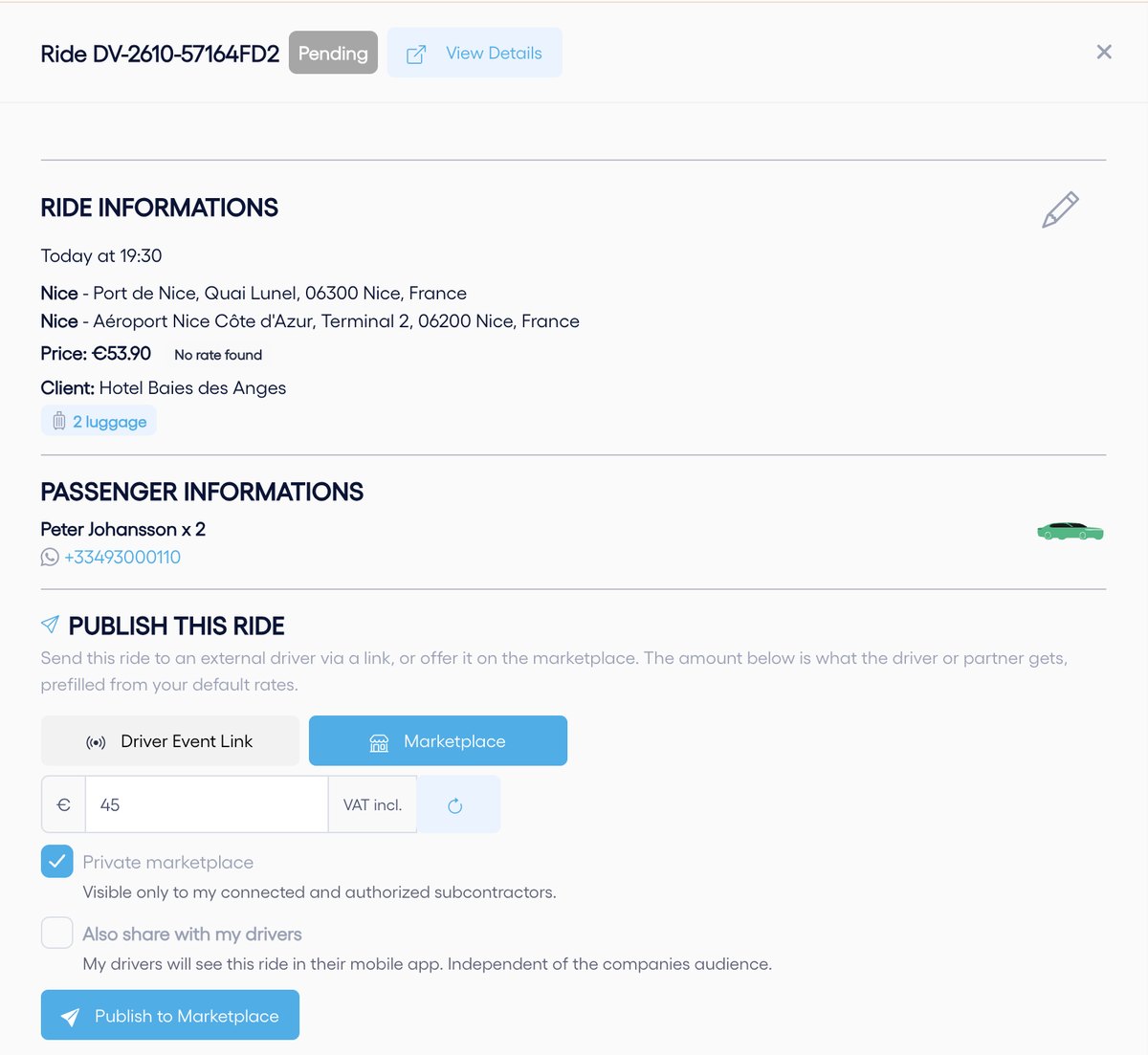 The ride panel: "Publish this ride" section, Marketplace tab.