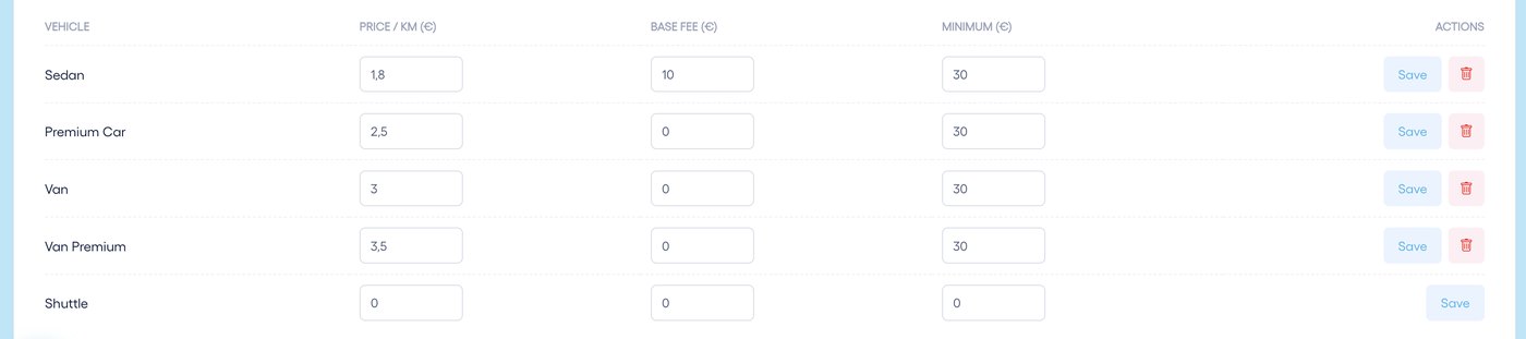 Per-km rate: price per km, base fee and minimum per vehicle.
