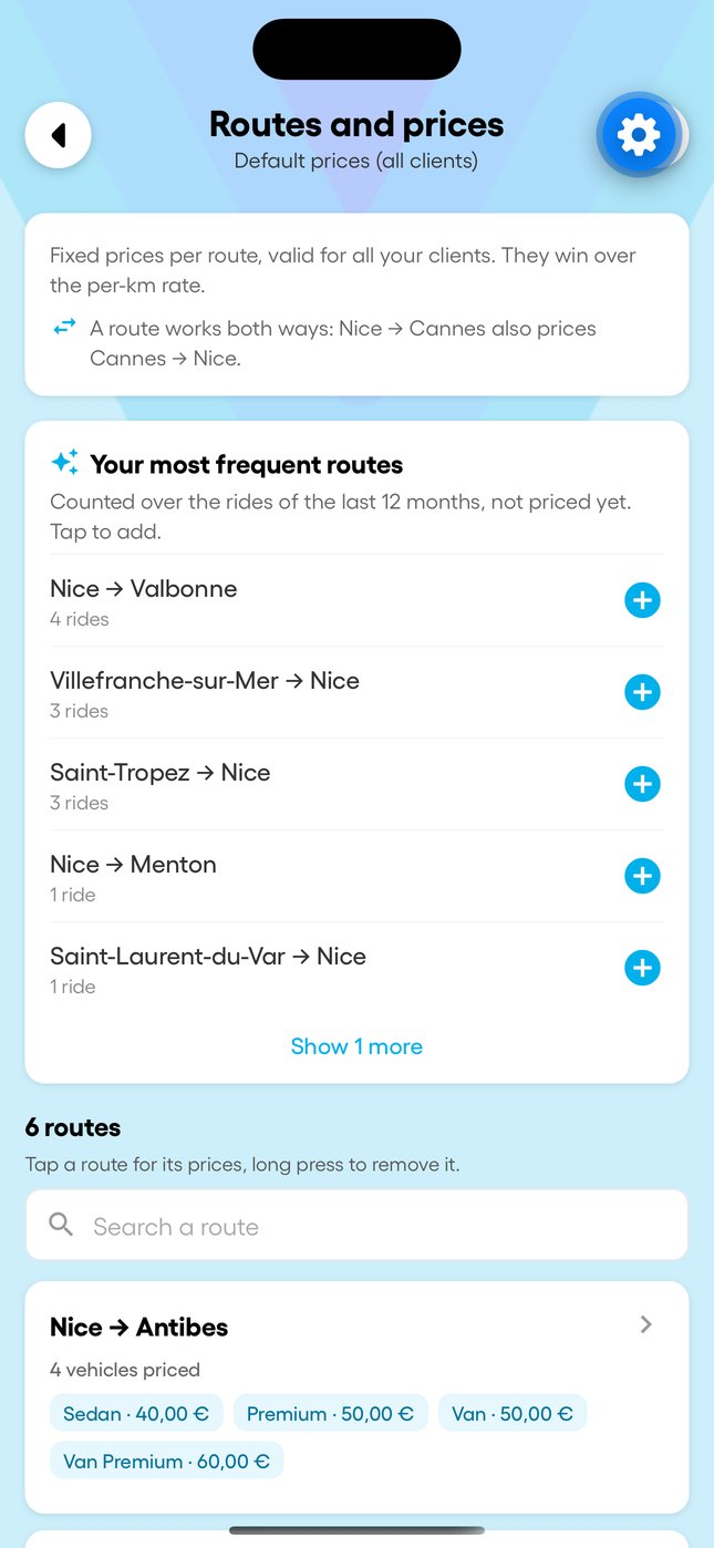 "My prices" and the default routes in the app.