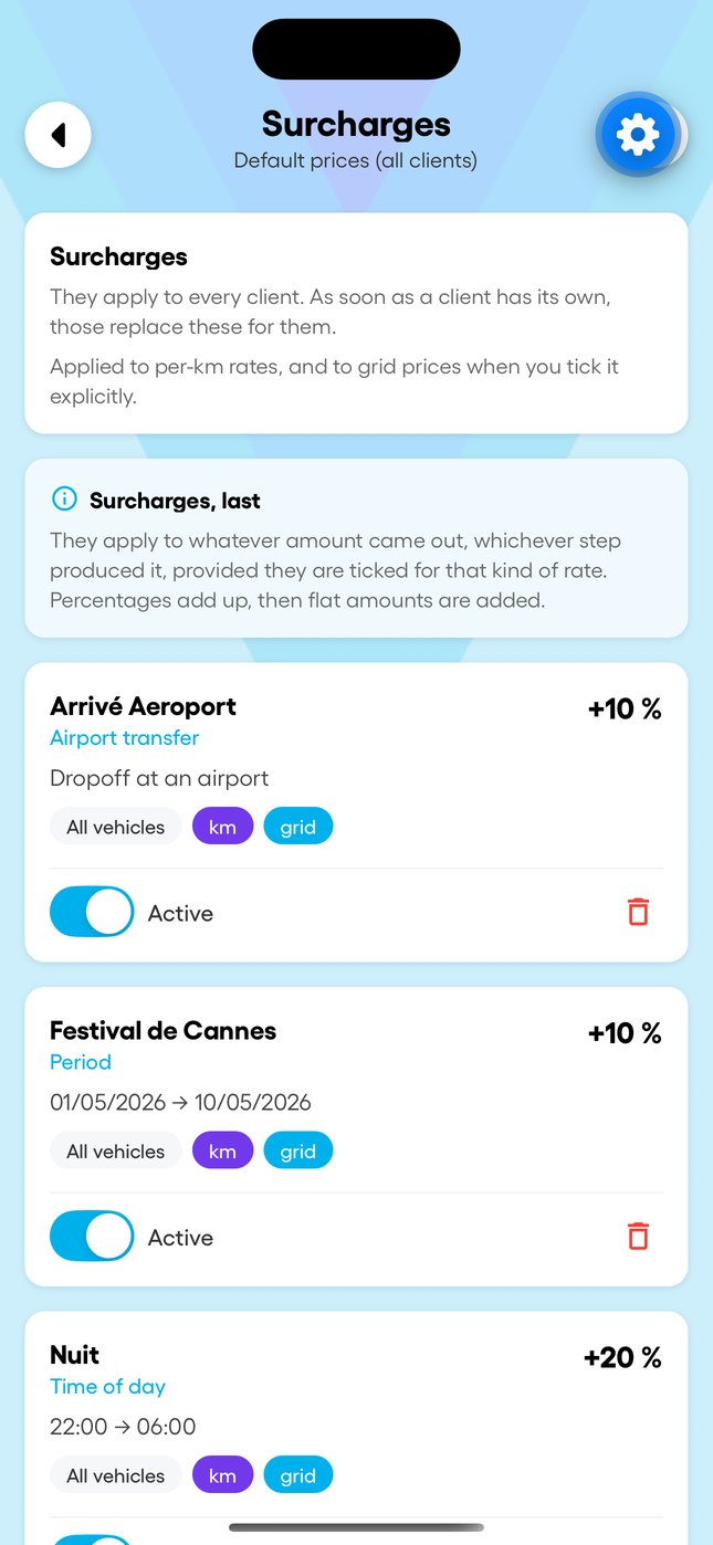 Surcharges and the zone map in the app.