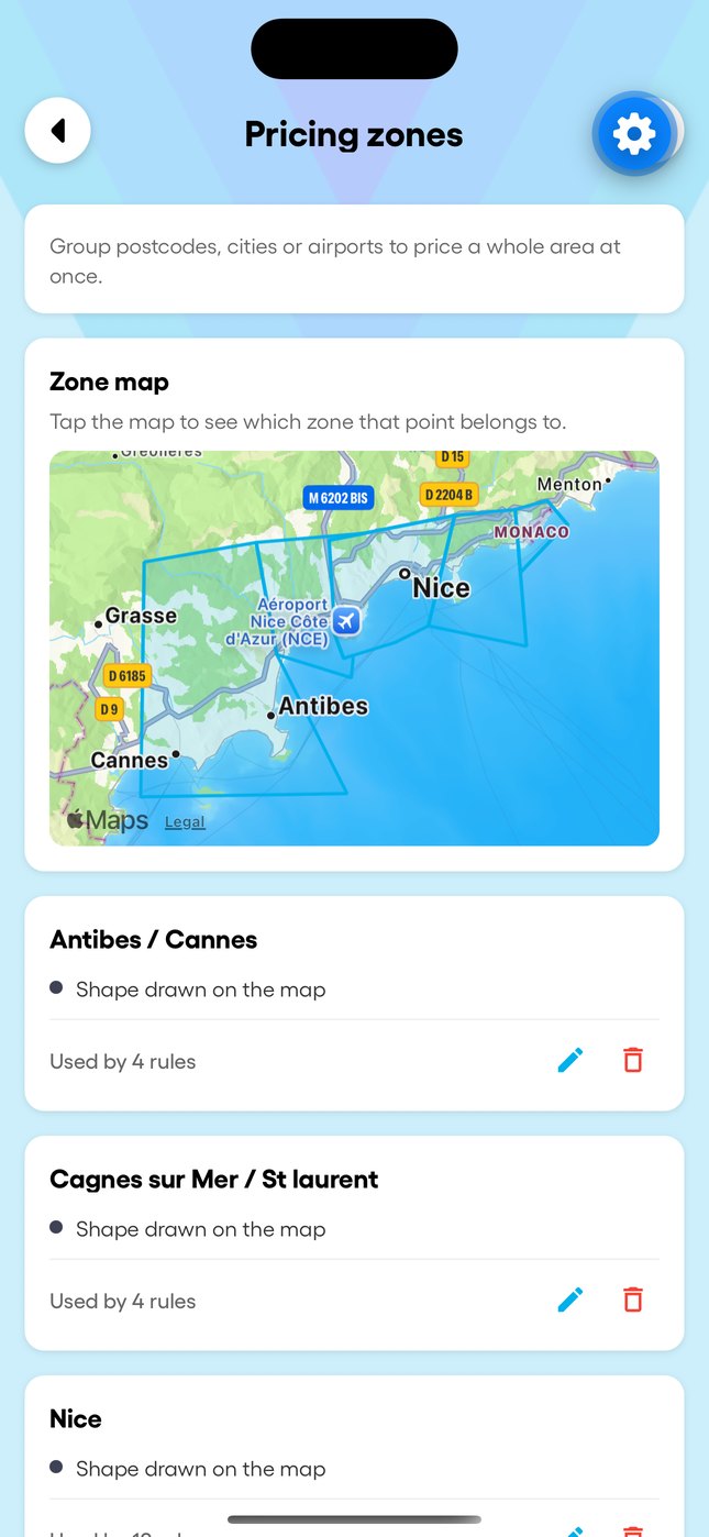 Surcharges and the zone map in the app.