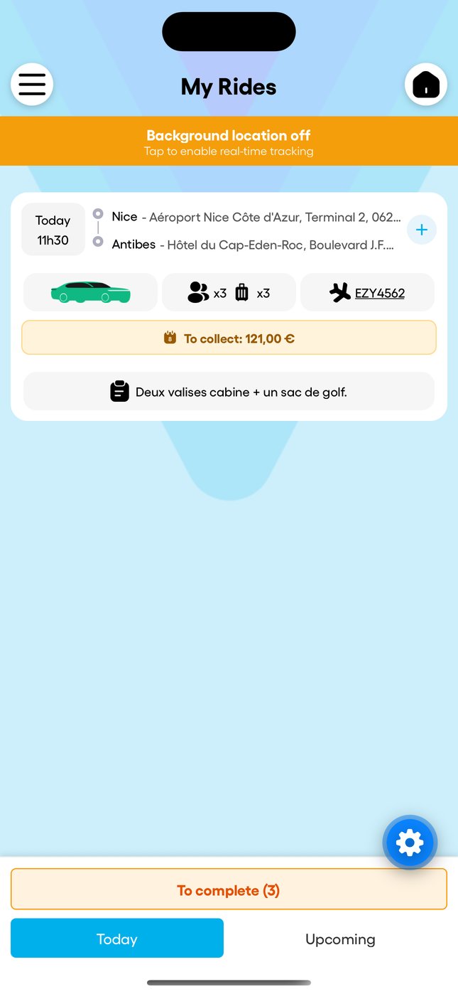 "My Rides": today's rides with the time, route, flight and amount to collect.