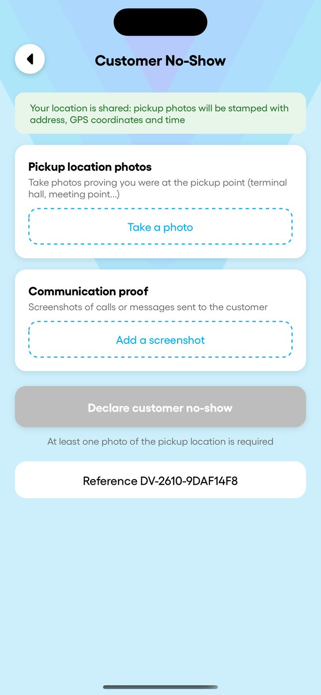 "Report an Issue" and the customer no-show form.