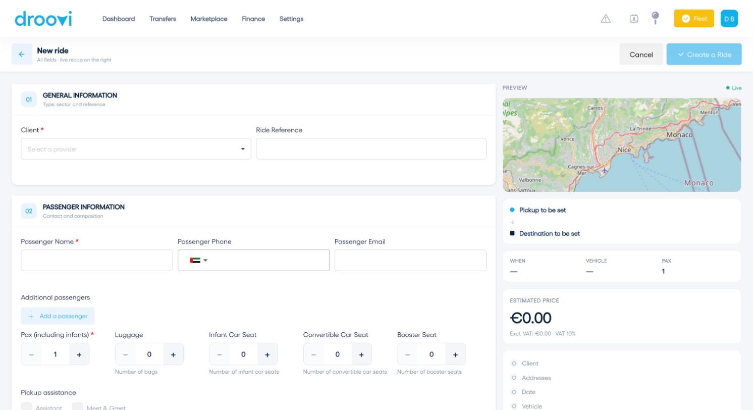 The top of the form: client, passenger and live preview.