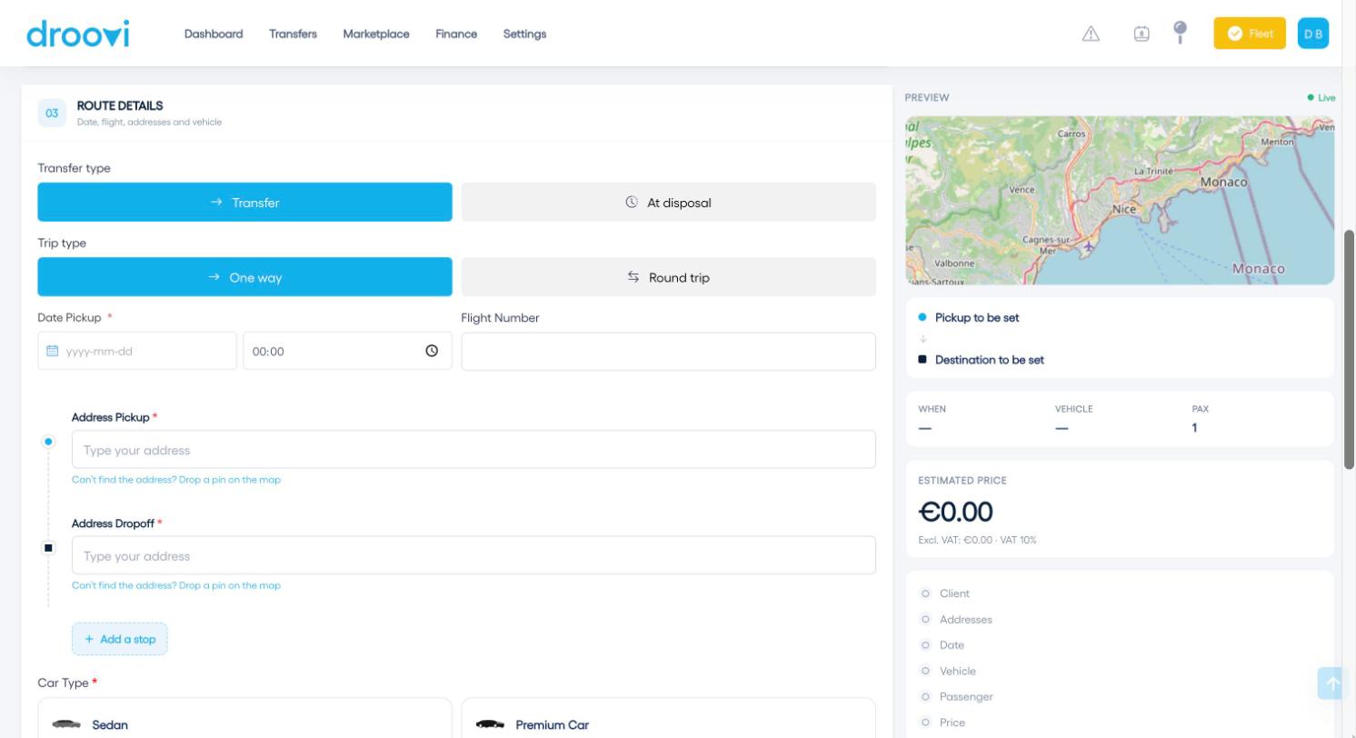The route: transfer type, date, flight, addresses and vehicle.