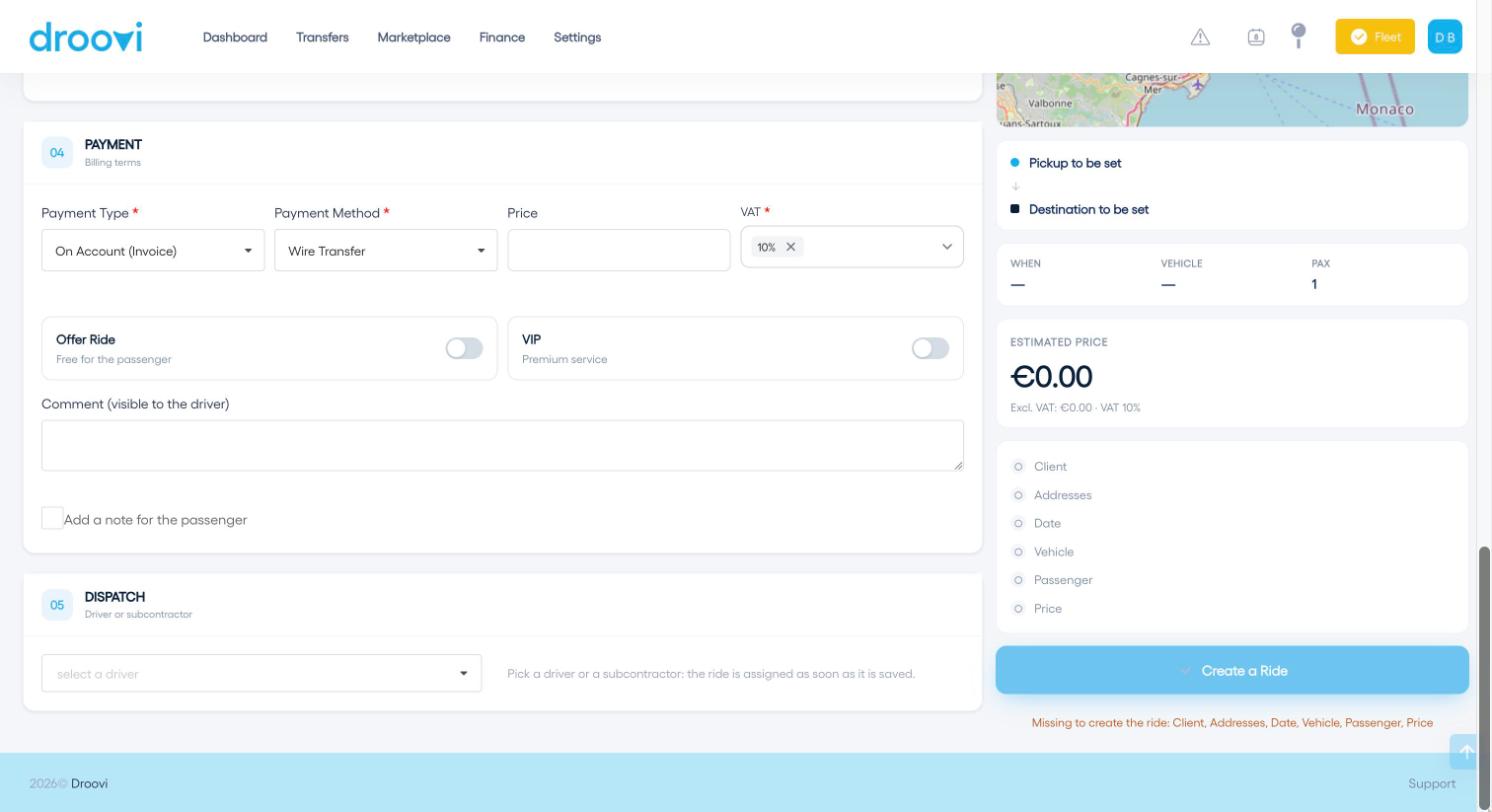 Payment, dispatch and the "Create a Ride" button.