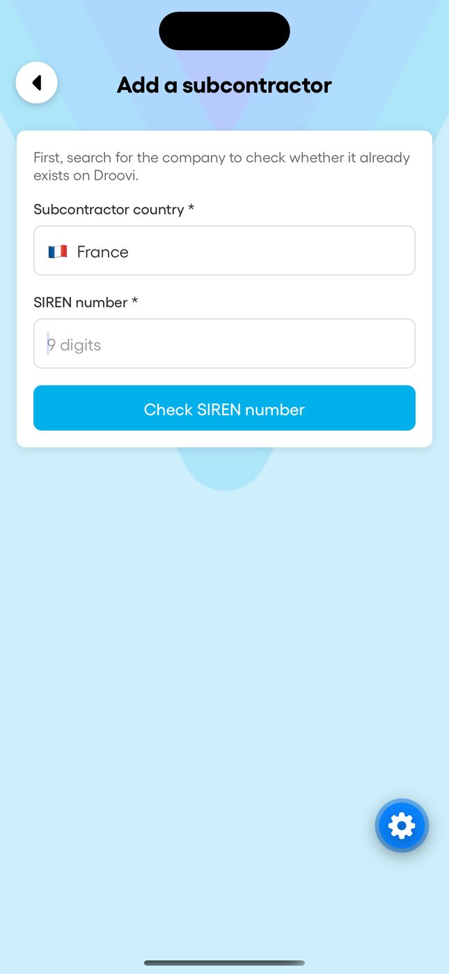In the app: the subcontractors list with the seat counter, and the company check.