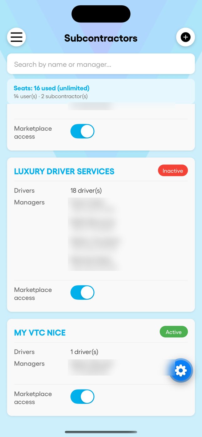 In the app: the subcontractors list with the seat counter, and the company check.