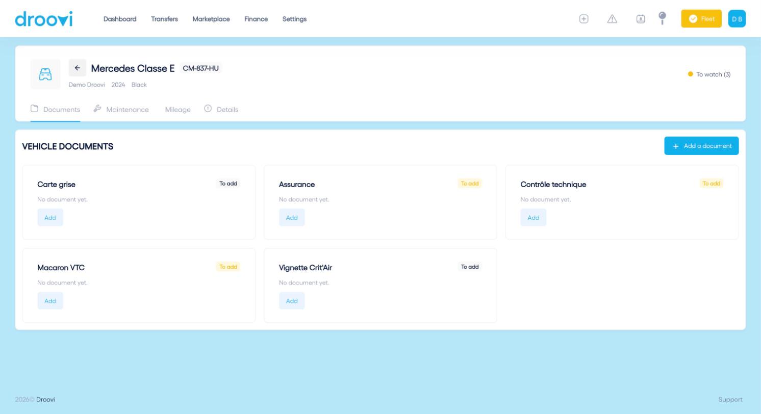 A vehicle page, Documents tab.