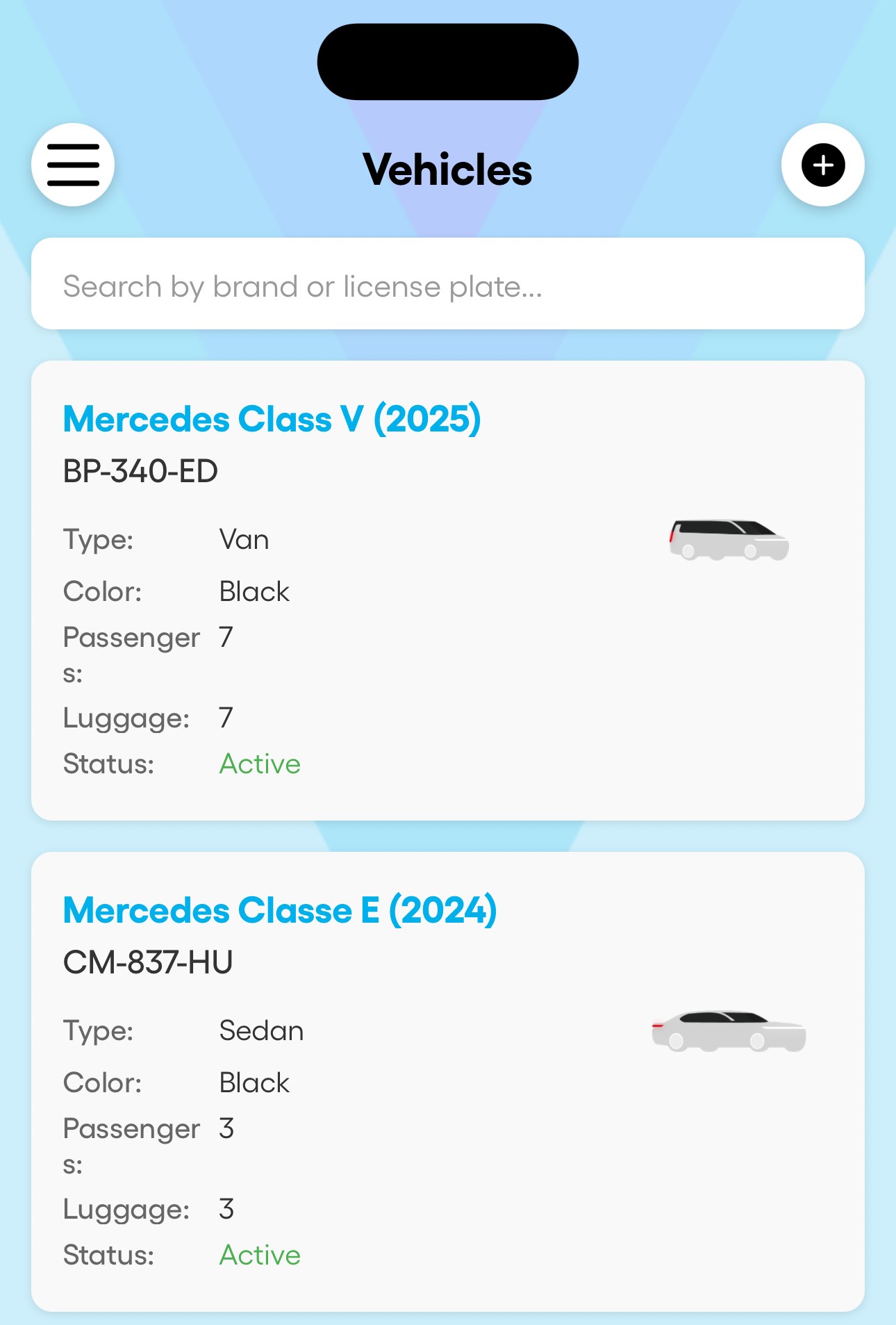 In the app: the vehicle list and the add form.