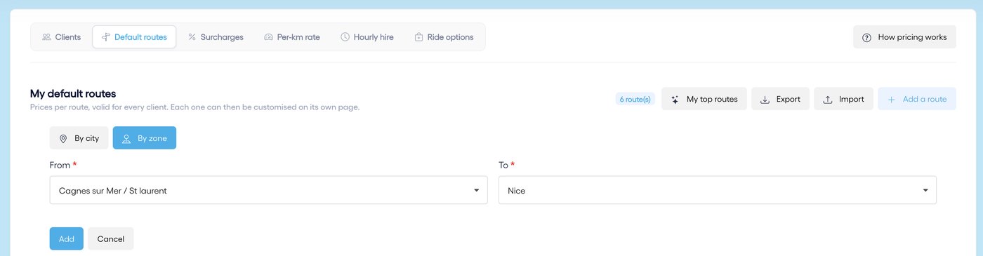 Add a route "By zone": departure and arrival picked from your zones.