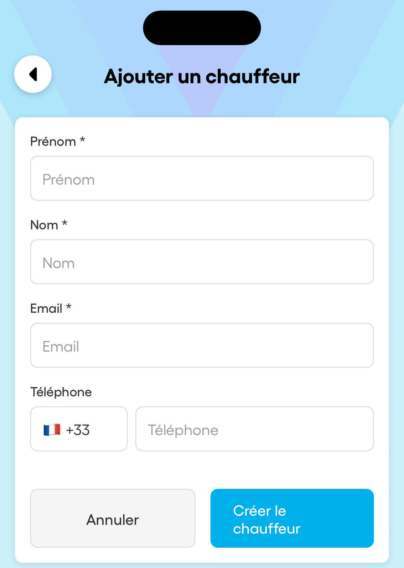 Dans l'app : la liste des chauffeurs et le formulaire d'ajout.