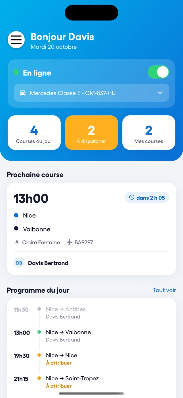 L'accueil : statut en ligne, véhicule du jour et programme.